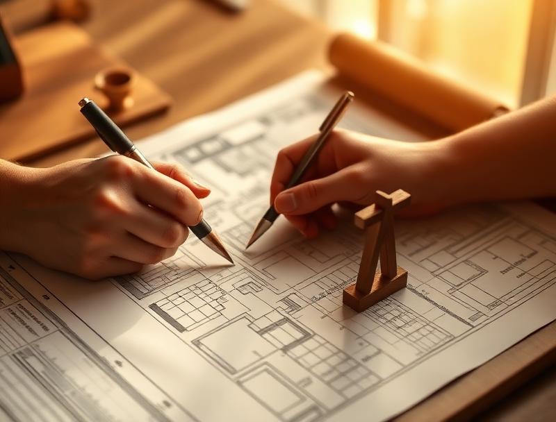 Hands drafting plans beside a small wooden cross